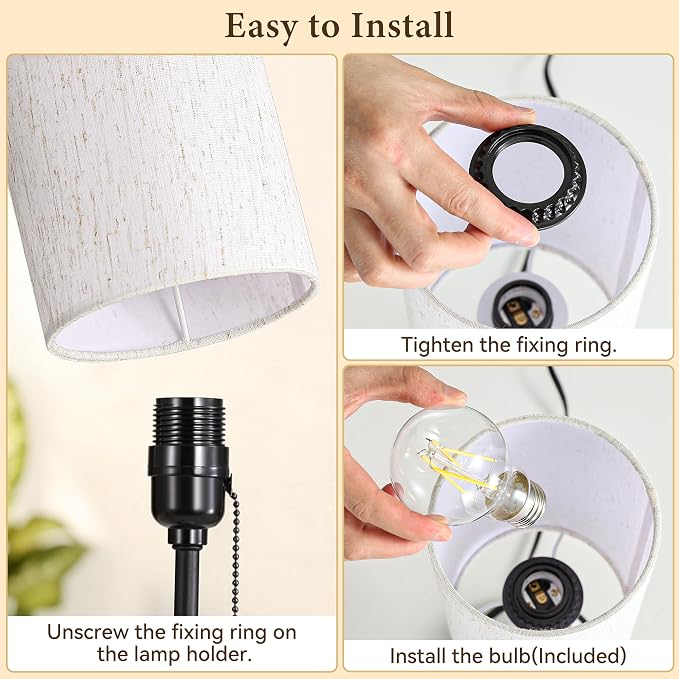 Table Lamp for Bedroom, Dual Light Nightstand Lamp with Fabric Shade & Ceramic Carved Night Light Base, Individual Controls Bedside Lamp for Living Room, 8W LED Bulb Included