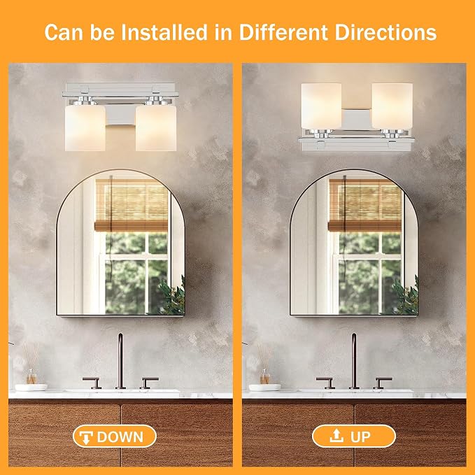 Modern Bathroom Light Fixtures Over Mirror, Vanity Lights for Bathroom Wall Sconces with Milky White Glass Shades, E26 Socket (Bulbs Not Included), 2 Light, Chrome