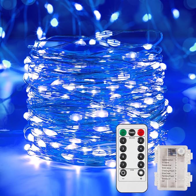 Ariceleo 1 Pack 65.6 Ft. Battery Operated Outdoor String Lights with Remote & Timer, LED Blue Fairy Lights, Waterproof Twinkle Lights for Bedroom, Dorm, Mason Jar, Wedding, Party, Christmas
