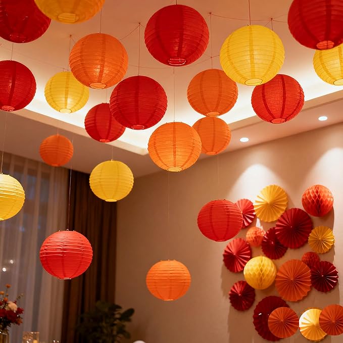 CC wonderland zone 12pcs Red Orange and Yellow Paper Lanterns,Hanging Paper Lanterns for Thanksgiving Firefighter Party Decoration