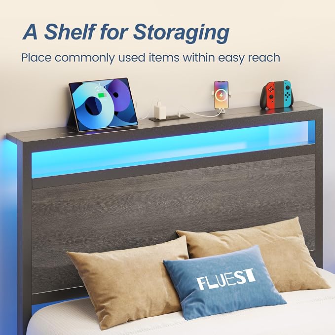 Fluest Twin Bed Frame with Headboard & Footboard, Twin Bed Frame with Charging Station & LED Light, Under-Bed-Storage, No Box Spring Needed, Noise Free, Easy Assembly, Rustic Grey