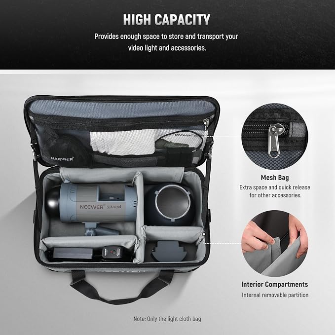NEEWER Carrying Bag with Movable Foam Padded for Studio Light Q300 Vision 4 ML300 CB60B RGB CB60 MS60B MS60C MS150B, Durable Oxford Cloth Transit Bag Travel Case with Shoulder Strap & Handle, PB5