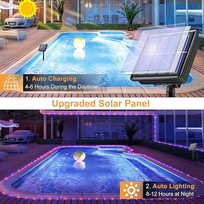 33FT 135 LED Solar Rope Lights Outdoor Waterproof, Purple and Orange Solar String Lights for Outside, 8 Modes Solar Powered Fairy Light for Party Garden Yard Fence Holiday Decorations
