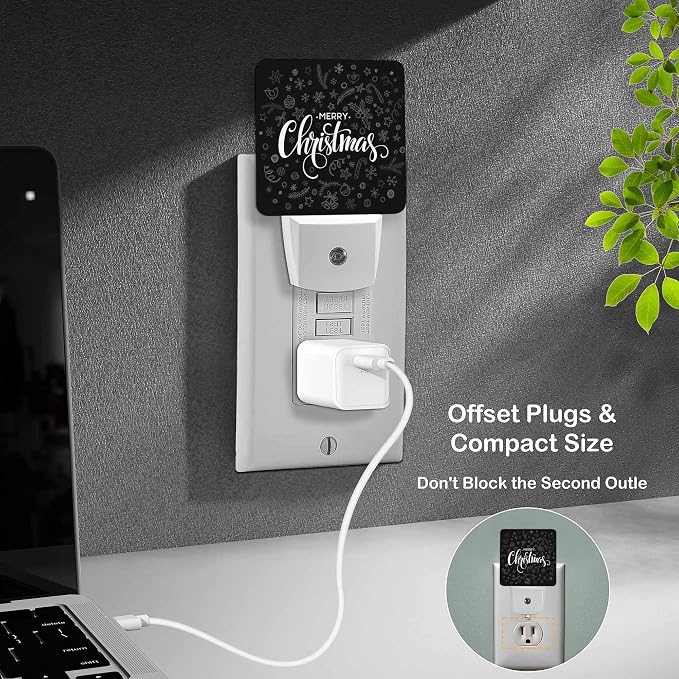 LED Night Light Lamp with Smart Sensor Dusk to Dawn Sensor,Happy Black Vintage Merry Christmas Night Light Daylight White,0.5W Plug-into Wall for Adults,Bedroom,Bathroom,Hallway,Kitchen