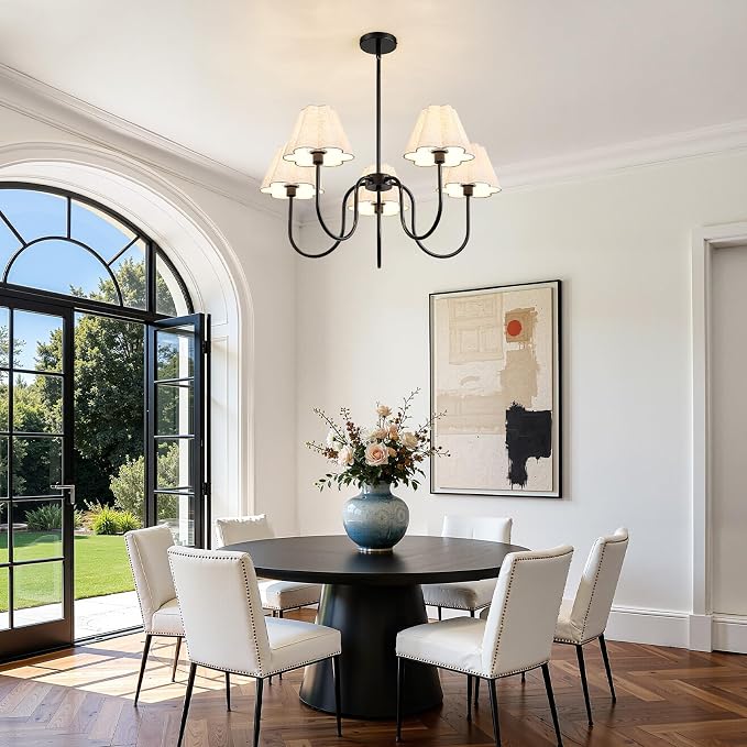 RUIYEY Gold Chandeliers for Dining Room - 28" 5-Light Modern Mid-Century Chandelier with Flower Scalloped Fabric Shades, Height Adjustable Farmhouse Pendant Ceiling Light Fixture for Bedrooms Kitchen