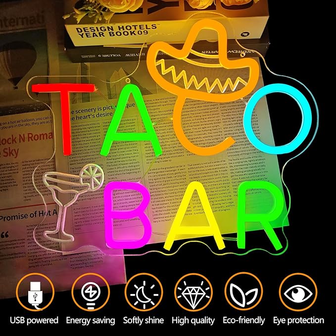 Taco Bar Neon Sign for Wall Decor Taco Party Decorations Tacos Led Sign Dimmable Fiesta Party Neon Light Mexico Light Up Signs for Restaurant Room Shop Brunch Bar Wall Art Margarita Theme Birthday