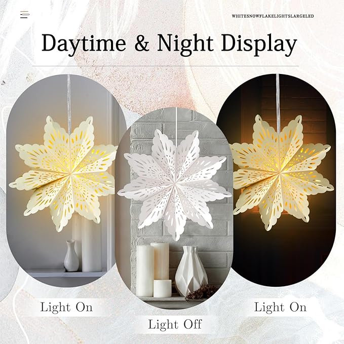 3Pcs Christmas Paper Snowflake Lanterns, Large Christmas Paper Star Lanterns with Lights & Banner White Hanging Snowflake Lamps for Xmas Winter Frozen Weddings Birthday Holiday Party Decorations