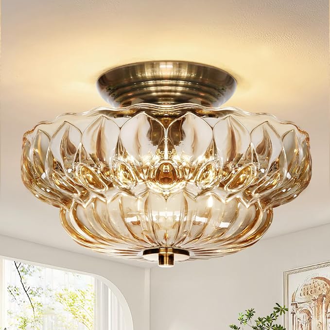 Semi Flush Mount Ceiling Light,Vintage Gold Hallway Lights Fixture | 11IN 3-Bulb Bright Even Light,Amber Glass Close to Ceiling Light for Bathroom, Hallway, Dining Room,Bulb Not Included