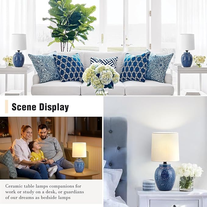 EJIAXIN Table Lamps Set of 2-13.75" Small Bedside Lamps - Classic Farmhouse Ceramic Table Lamp for Bedroom, Living Room, Nightstand, Office, Side Desk Lamp, End Table