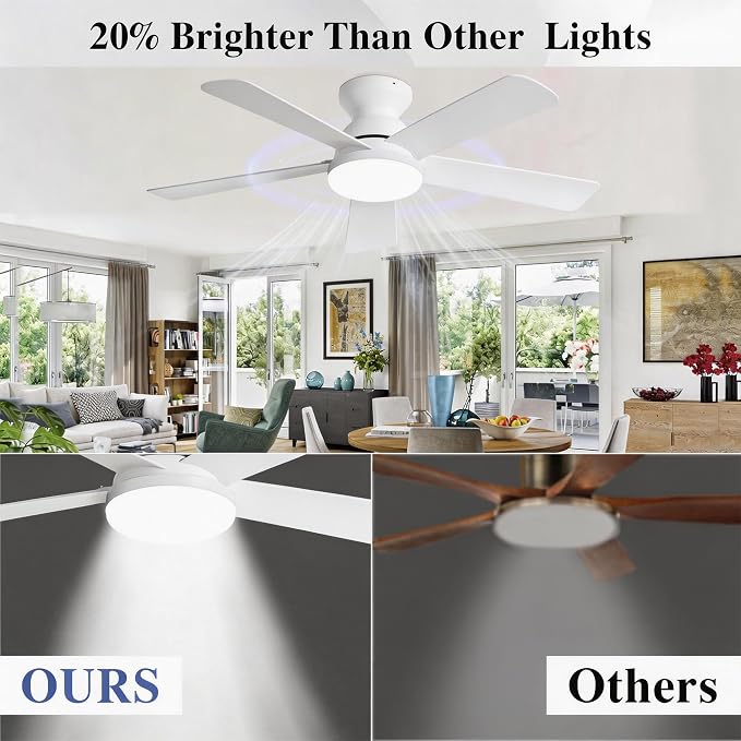 Smart Ceiling Fans with Lights Remote - 42'' WiFi Alexa Flush Mount Low Profile Modern Ceiling Fans for Bedroom - Stepless Color Temperature and 6 Speeds - White