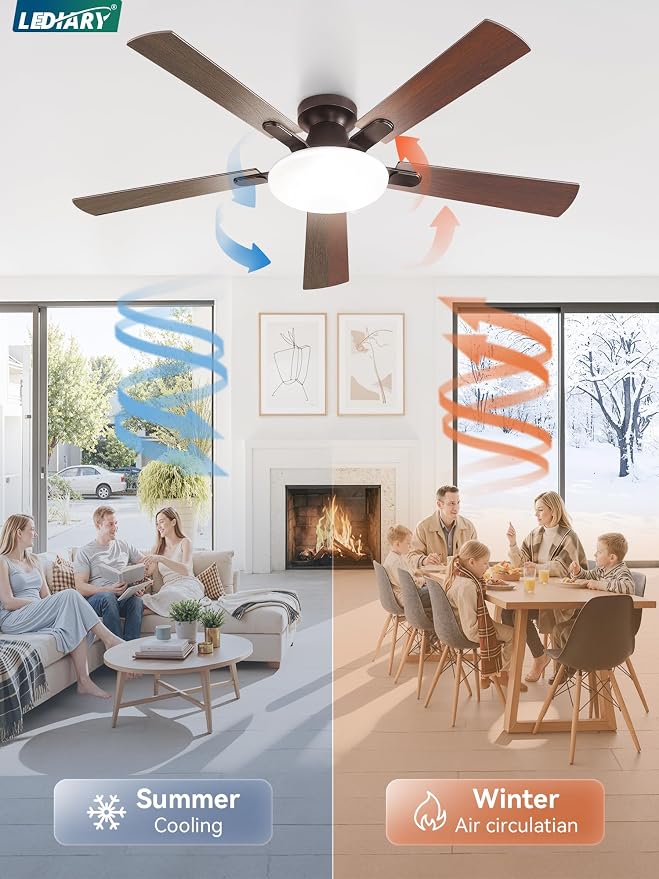 LEDIARY 60 Inch Flush Mount Ceiling Fans with Lights, Remote & APP Control | 3CCT,Stepless Dimmable,Memory Function,Timer,6-speed,Reversible Blade, Quiet DC Motor, Damp-Rated, Living Room, Covered Patio