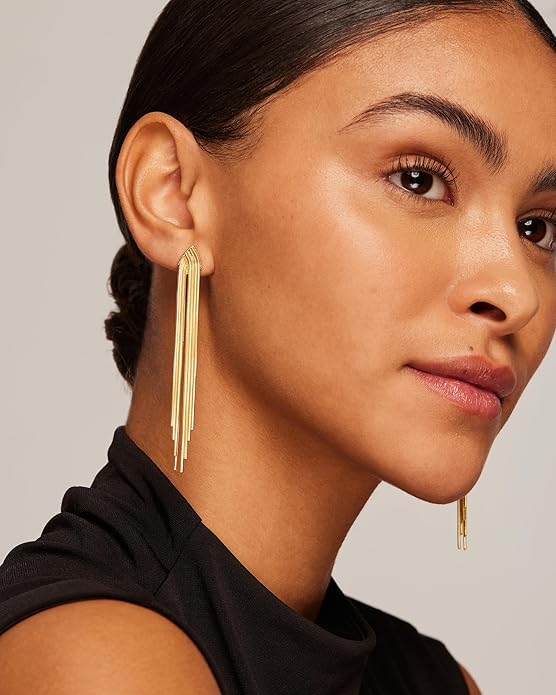 PAVOI 14K Gold Plated Long Tassel Dangle Earrings for Women - 925 Sterling Silver Posts Elegant Rhinestone Chain Chandelier Drop Earrings - Statement Jewelry