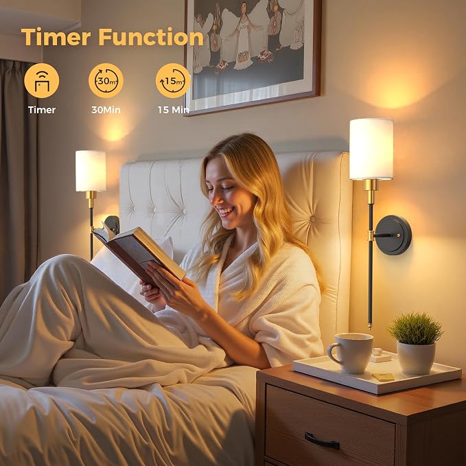 Battery Operated Wall Sconce: Set of 2 Wireless Wall Lights with 12000mAh | 15 Color Rechargeable Wall Sconces, Not Harwired Sconce Wall Decor Set of 2 for Bedroom, Living Room, Gold and Black 24.3in