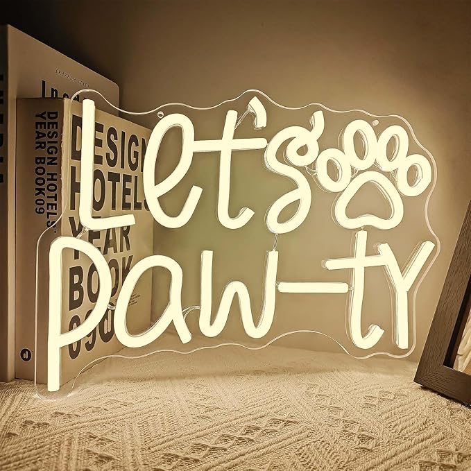 Lets Pawty Neon Sign Party LED Neon Lights Dimmable Cat Dog Party Birthday Neon Lights for Wall Decor Pet LED Signs for Dog Birthday Party Light Up Sign Home Wall Pet Party Decorations