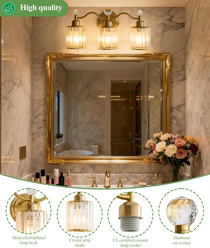 Gold Bathroom Vanity Light Fixtures 3-lights,Crystal Vanity Lights for Bath, Bathroom Lights Fixture with Clear Crystal Glass Shade, Modern Wall Light over Mirror, Wall Sconces Light for Hallway