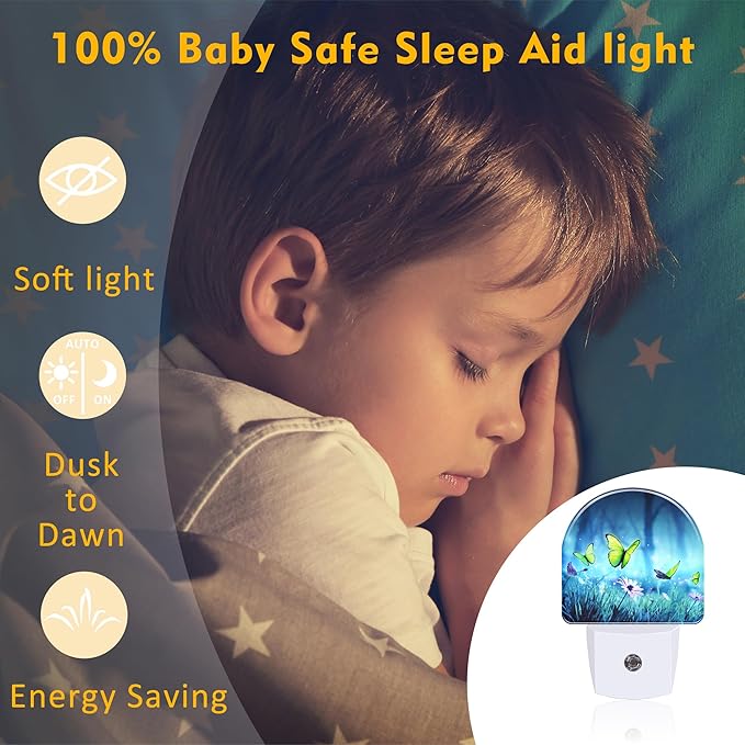 Mystic Fairy Butterflies Glowing Butterfly Forest Dusk to Dawn Plug in Night Light, 0.5w Energy Saving Sleep Friendly NightLight for Kids Boys Girls Home Decor