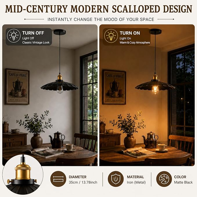 2Pack Kitchen Hanging Lights, Black Hanging Light 13.8 Inch Metal Scalloped Lampshade Farmhouse Pendant Lights Kitchen Island Vintage Pendant Light for Bedroom Bar Sofa