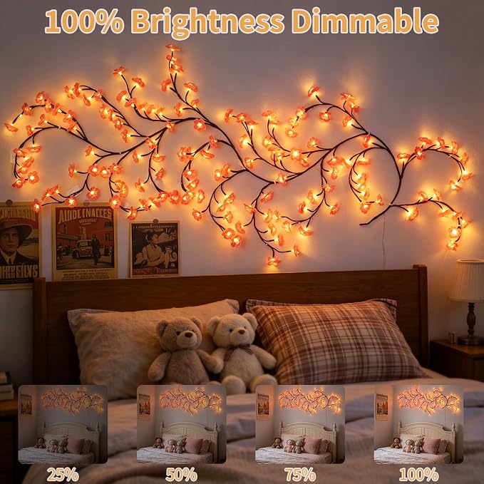 FNHMSL 4FT 48LED Cherry Enchanted Willow Vine Lights for Christmas Bedroom | Pink Cherry Blossom Tree Branch Lights for Wall, Remote Timer,8 Light Model,Bedroom Wall Doors Wedding with USB Battery Box