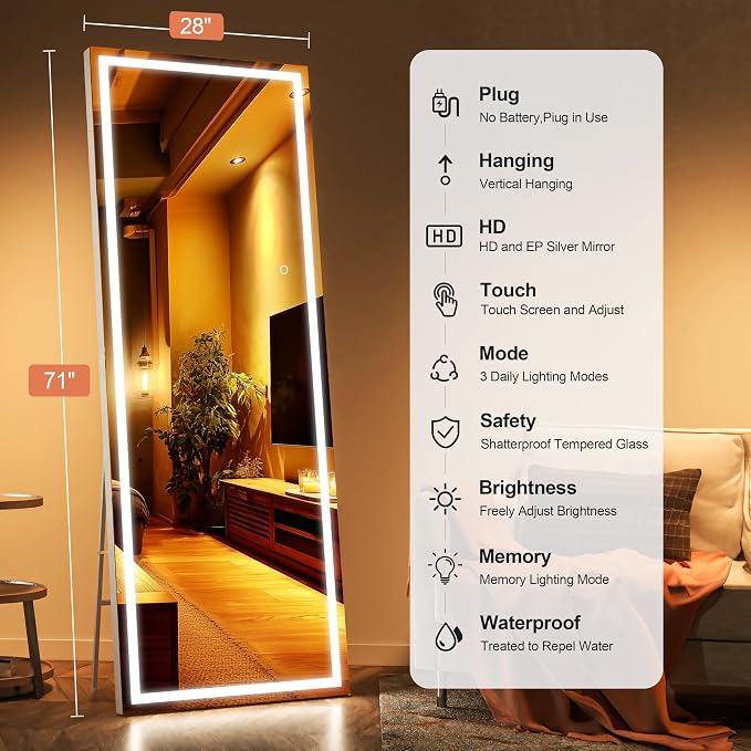 71" x 28" Full Length Mirror with Lights, LED Lighted Floor Standing Body Mirror, Dimmable & 3 Color Lighting for Bedroom, Cloakroom, Dressing Room, Tempered Glass, White Frame