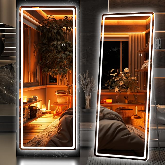 Hasipu Full Length Mirror with Lights, 61" x 22" LED Floor, Full Body Dressing Standing, Hanging Mounted Mirror, Round White