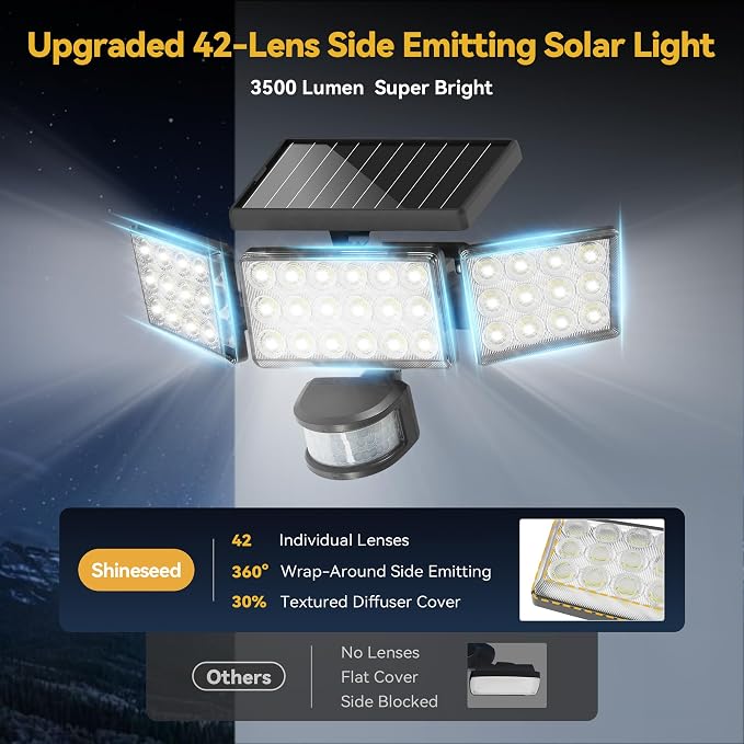 Solar Lights Outdoor, 3500LM 168 LED Motion Sensor Solar Flood Lights, 3 Heads 300° Wide Angle, 3 Modes IP65 Waterproof Solar Security Lights for Yard Garden Patio, 4 Pack (Black)