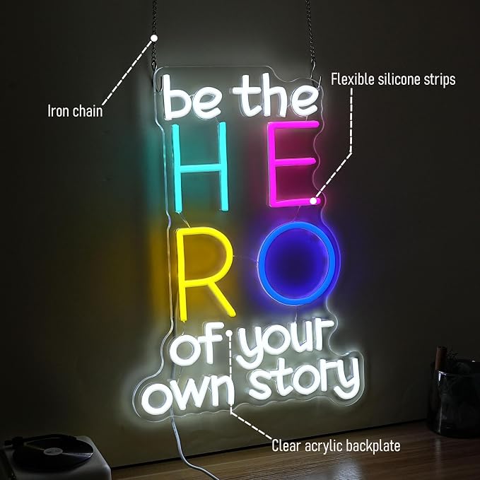 Be The Hero Of Your Own Story Neon Sign Dimmable Be The Hero Neon LED Light Empowering Letters Light LED Sign for Wall Decor Bedroom Classroom Library Shop(11.8 * 16.54In)