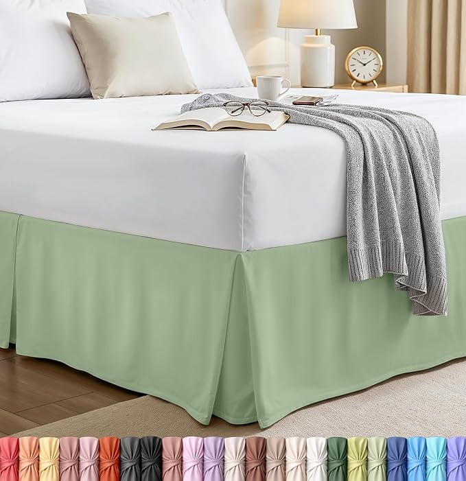 King Bed Skirt, Hides Under-Bed Storage 16 Inch Drop, Pleated, Sage | Easy Fit Design, Shrinkage & Fade Resistant, Hotel Style, Microfiber Durable Fabric, Machine Washable