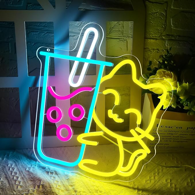 Cat Boba Tea Neon Sign for Wall Decor Bubble Tea Neon Light Dessert Shop | Dimmable LED Neon,Birthday Milk Shake Gifts,Led 5V USB Powered,Man Cave,Summer Party Decor,Business Bar,Pub Art,14.5*10in
