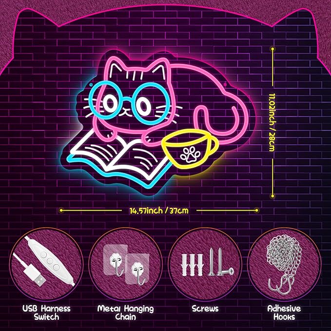 Cat Reading Book Neon Sign, Adorable Cat Neon Light for Bookstore Library Classroom Bedroom Wall Decor, USB Dimmable LED Sign Party Birthday Gift for Girls Students Book Lovers