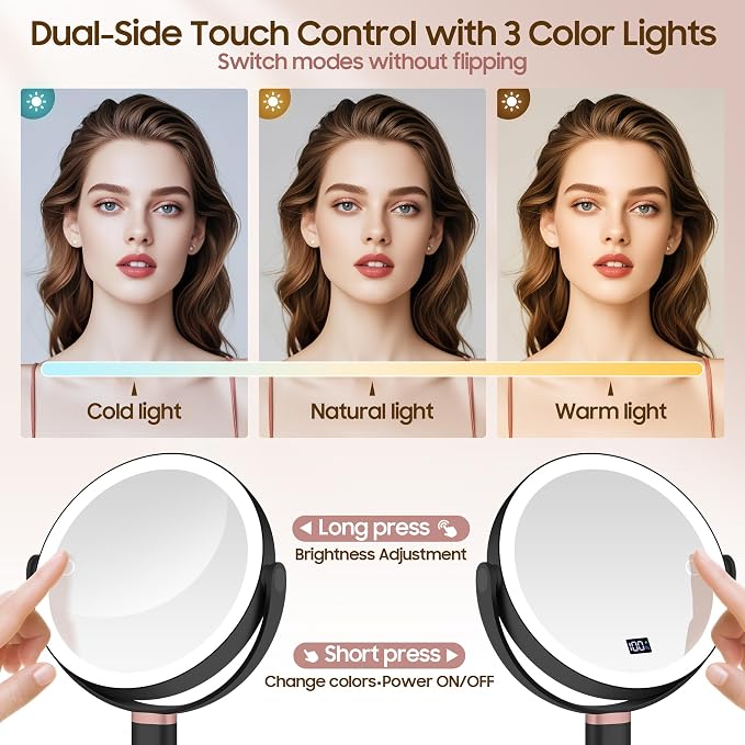 Makeup Magnifying Mirror with Light 30X/1X, Digital Display, 2-Sided Touch Control, Makeup Mirror with 3 Color Lights,360° Rotate, Height Adjustable Lighted Magnifying Mirrors for Desk Travel