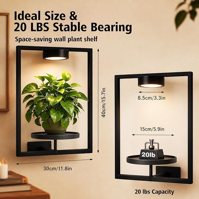 2 Pack Plant Wall Shelf with Grow Light, Wall Mounted Indoor Plant Shelf | Rechargeable Cordless Magnetic Grow Light with Remote Timer Dimming, Floating Plant Shelf for Living Room Office Decor
