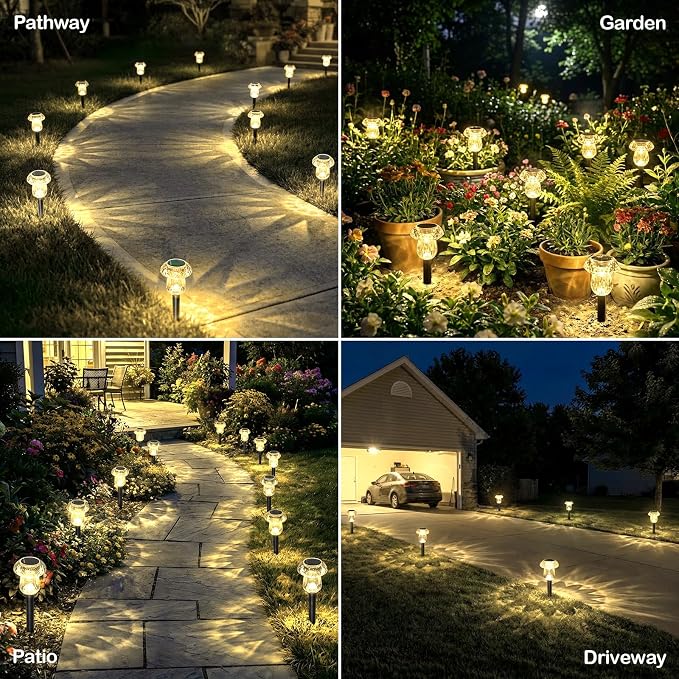 Solar Pathway Lights Outdoor 8 Pack 3000K Warm White Mushroom Decor | Waterproof Garden Outside Yard Walkway Landscape Path Lighting, LED Auto On/Off Decorations, Acrylic Diamond-like Lampshade