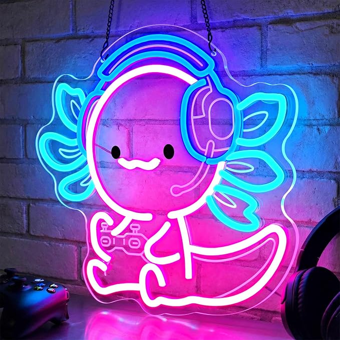 Cute Axolotl Gaming Neon Sign with Headset & Controller,LED Neon Wall Light for Gamer Room Decor,USB Powered Dimmable Neon Light for Bedroom,Teens Room,Game Setup