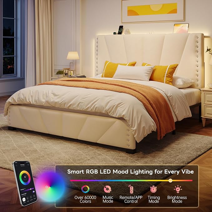 EnHomee Queen Bed Frame with LED Lights & USB, Noise-Free, Beige | Adjustable Velvet Headboard,Under-Bed Space, Heavy Duty Support with 12 Slats, No Box Spring Needed, Easy Assembly