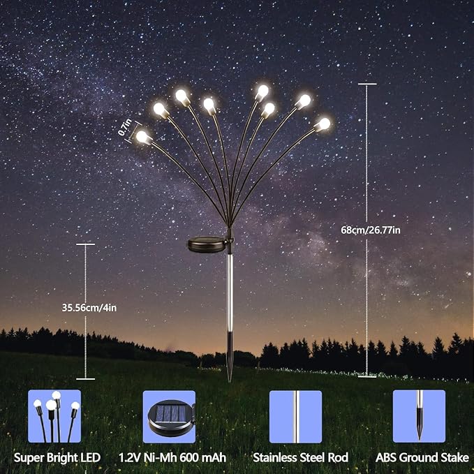 6 Pack Solar Firefly Lights Outdoor Swaying Garden Decor 48 LED Cool White | 2 Lighting Mode, Auto On/Off, Sway with Wind, Waterproof Solar lights Outdoor for Garden Yard Pathway Landscape Decorations