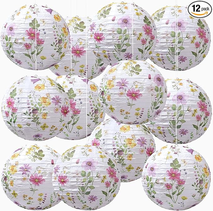 12 Pcs Floral Paper Lanterns Tea Party Decorations Flower Wildflower Spring Birthday Party Decoration Flower 10 Inch Hanging Round Paper Lanterns for Wedding Bridal Shower Baby Shower Decor