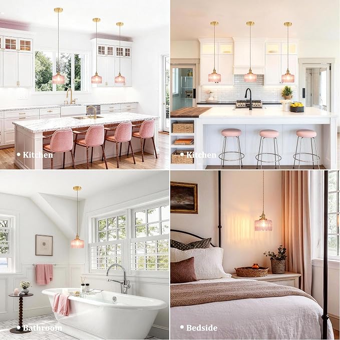 Shenmoyl Pendant Light with Pink Striped Glass Lmapshade, Brass Vintage Pendant Light Adjustable Hanging Light for Kitchen Island Dining Room Hallway