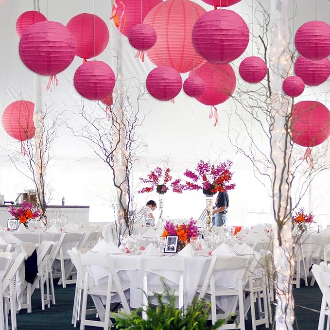 20Pcs Fuchsia Paper Lanterns for Parties, 6” 8” 10” 12” Chinese Asian Hanging Round Paper Lanterns for Birthday Wedding Halloween Christmas Home Decor Party Decor