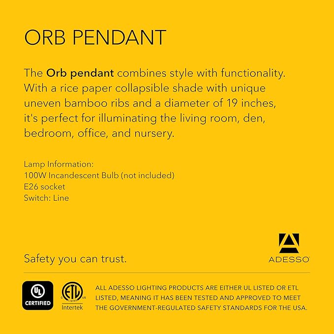 Adesso Orb Medium Pendant with Collapsible Rice Paper Shade – 15ft Cord, 19” Diameter – Stylish Ceiling Lighting