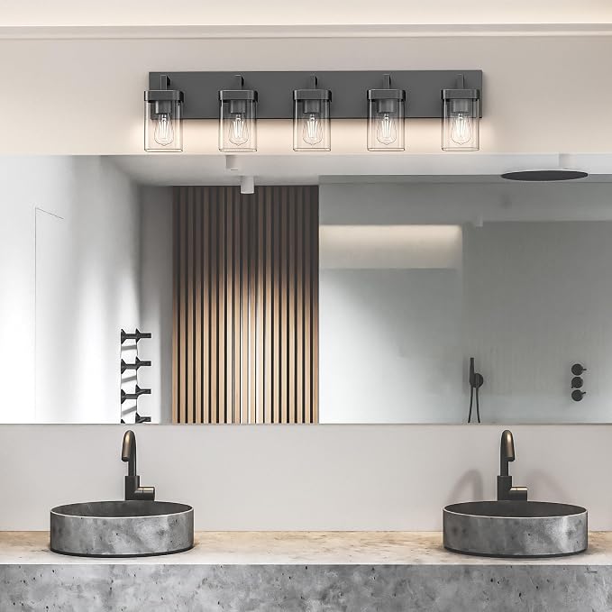 Bathroom Vanity Light, Square Design 5 Lights Morden Bathroom Lighting Fixtures Over Mirror, Black Vanity Light for Living Room/Bedroom