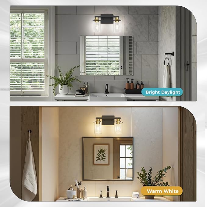 Bathroom Light Fixtures, 2-Light Black and Gold Bathroom Lights Over Mirror with Clear Glass Shade, Vanity Lights for Hallway Bedroom Living Room, ETL Listed | Modern Vanity Lights With Clear Glass Shade, Bathroom Wall Light for Mirror, Kitchen, Living...