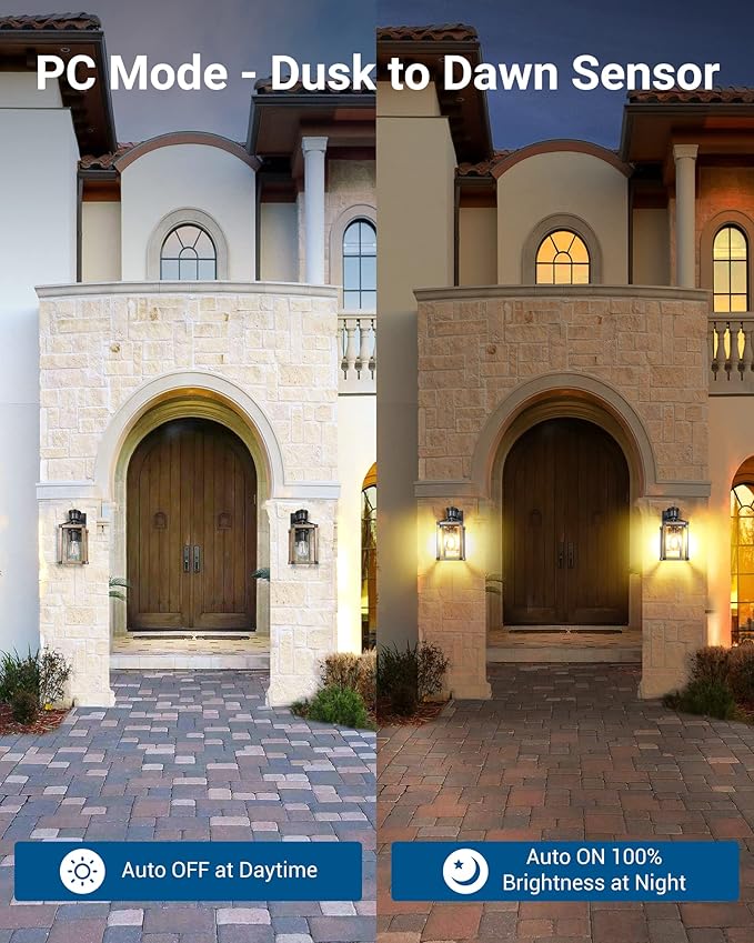 DEWENWILS Motion Sensor Outdoor Wall Lights, Dusk to Dawn Farmhouse Light | Clear Glass, Open Bottom, 3 Modes, 33FT Detection Range, 140° Sensing Angle, E26 Socket, Ideal for Doorway Garage Patio