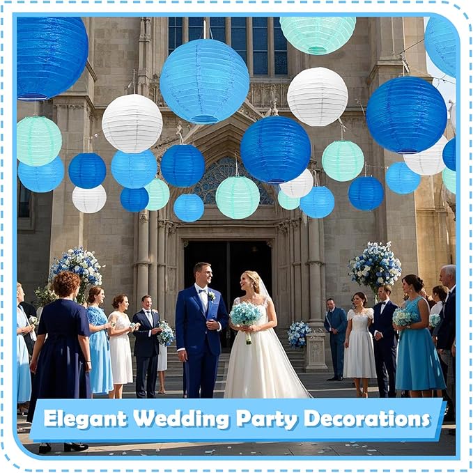 12Pcs Blue Paper Lanterns Set, Blue White Mint Green Hanging Round Paper Lanterns in Assorted Sizes 6" 8" 10" 12", for Graduation, Wedding, Birthday, Baby Shower and Coastal Party Decorations