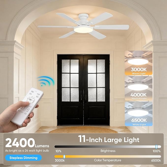 52'' Flush Mount Ceiling Fans with Lights for Living Room, White | 6 Blades, 6 Speeds, MAX 5600 CFM, Remote&APP Control, 3CCT Dimmable LED, All Metal Body, Memory Function, Reversible DC Motor
