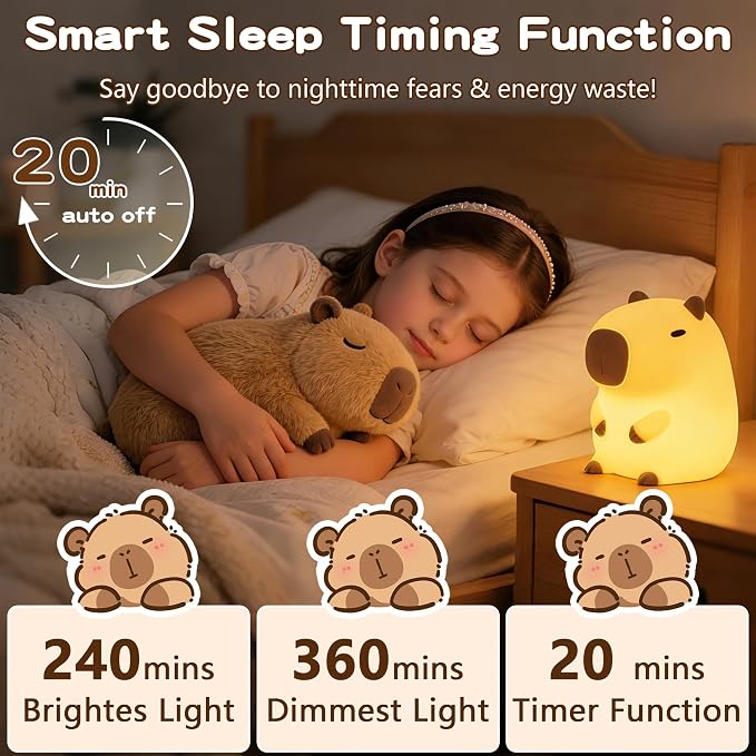 FAMIDUO Capybara Night Light for Kids,Safe Squishy Silicone Nursery Light | BPA-Free Silicone,20Min Timer,Dimmable Rechargeable Touch Bedside Lamp, Cute Gifts for Boys Girls Toddler, Kids Room Decor