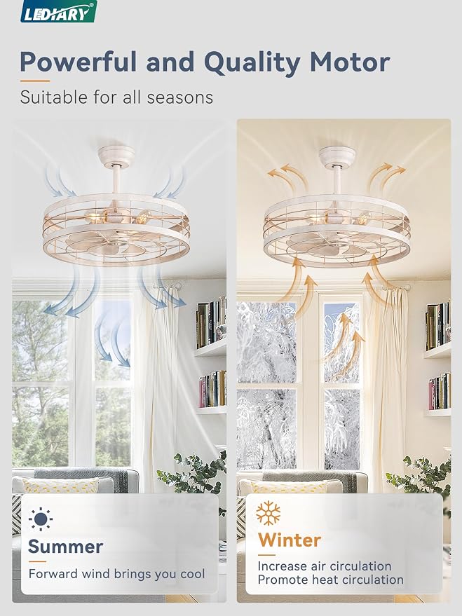 LEDIARY 22 inch Caged Bladeless Ceiling Fan Light with Remote, White Gold | 6 Speed Adjustable,Timing, Quiet & Powerful DC, Small, Farmhouse, Industrial, Enclosed, Bladeless, Bedroom, Kitchen, Downrod