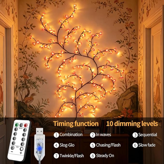 FNHMSL 4FT 48LED Cherry Enchanted Willow Vine Lights for Christmas Bedroom | Pink Cherry Blossom Tree Branch Lights for Wall, Remote Timer,8 Light Model,Bedroom Wall Doors Wedding with USB Battery Box