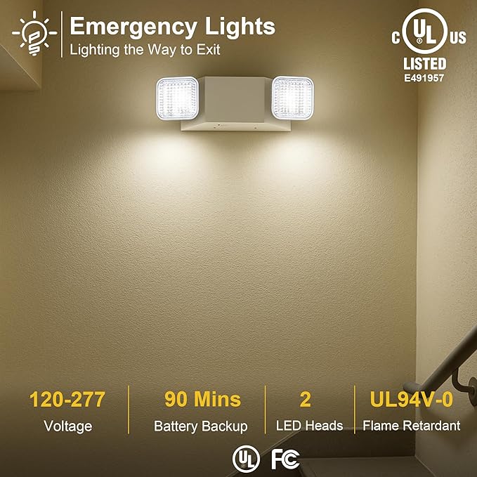 GRUENLICH LED Commercial Emergency Light with Dual Head and Backup Battery, US Standard, AC 120-277V, Hardwired Emergency Light Fixtures for Business Office Power Outages, 12-Pack