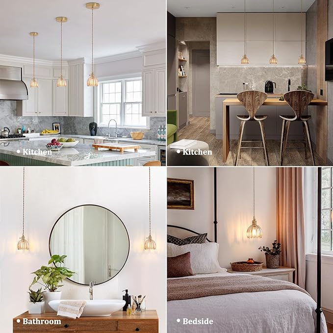 Pendant Light with Amber Tulip Glass Lmapshade, Brass Vintage Pendant Light Adjustable Hanging Light for Kitchen Island Dining Room Hallway