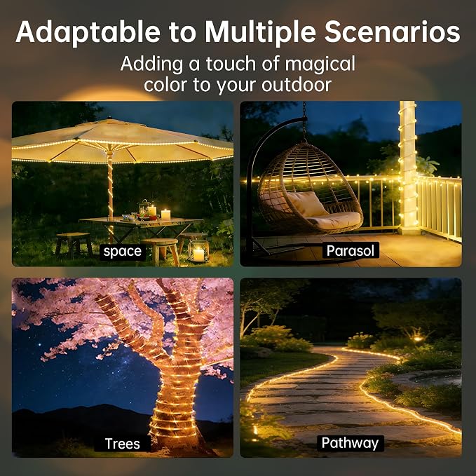 Solar Roep Lights for outside, 33ft 100 LED Solar string Lights with 8 Modes, Waterproof Solar Outdoor Light for Patio Garden Party Tree Proch Pool Fence Outdoor Holiday Xmas Decor-Warm White
